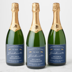 Dark Blue White Script Gold Cap Graduation Sparkling Wine Label