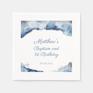 Dark Blue & White Seashells Baptism Birthday Party Napkin
