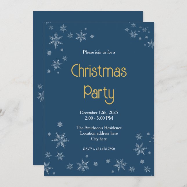 Dark Blue & White Snowflakes 5"x7" Christmas Party Invitation (Front/Back)