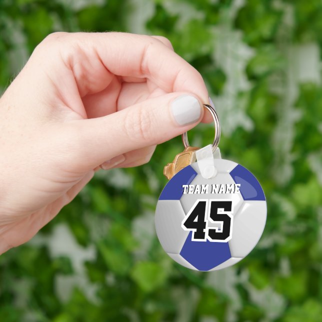 Dark Blue & White Team Soccer Ball Key Ring (Hand)