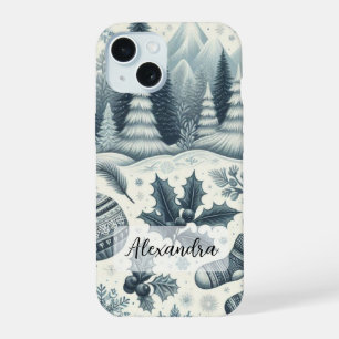 Dark Blue, White Winter Scene Palm Trees Snowflake iPhone 15 Case
