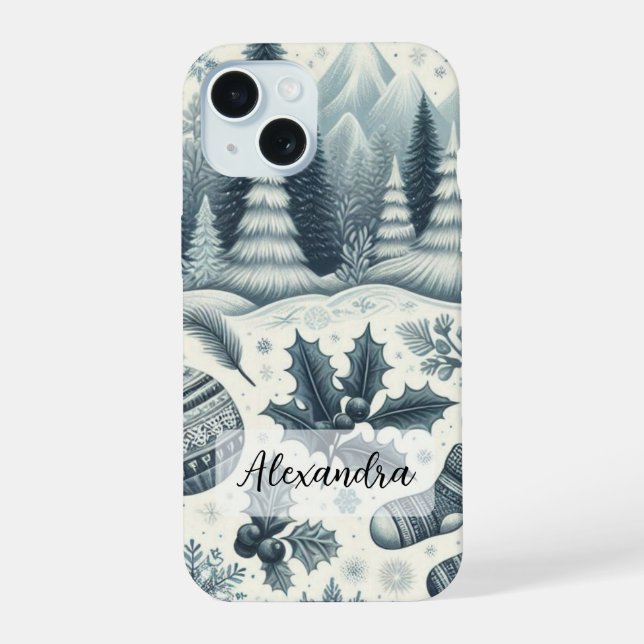 Dark Blue, White Winter Scene Palm Trees Snowflake iPhone 15 Case (Back)