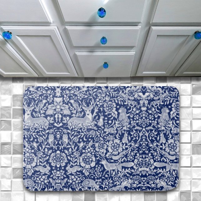 Dark Blue White Woodland Animal Nature Art Bath Mat (Creator Uploaded)
