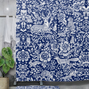 Dark Blue White Woodland Animal Nature Art Shower Curtain