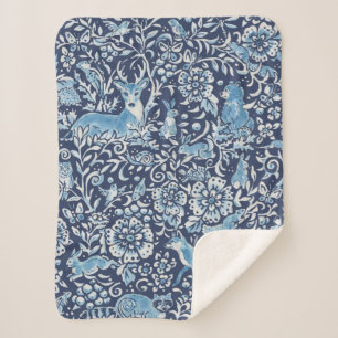 Dark Blue White Woodland Animals Winter Rabbit Sherpa Blanket