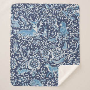 Dark Blue White Woodland Animals Winter Rabbit Sherpa Blanket