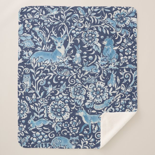 Dark Blue White Woodland Animals Winter Rabbit Sherpa Blanket (Front)