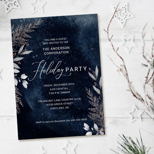 Dark Blue Winter Foliage Corporate Holiday Party Invitation (Creator Uploaded)