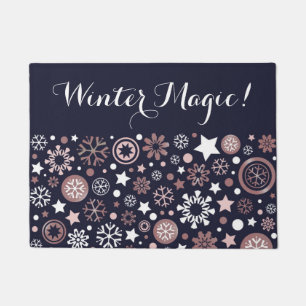 Dark blue winter magic pink metallic snowflakes doormat