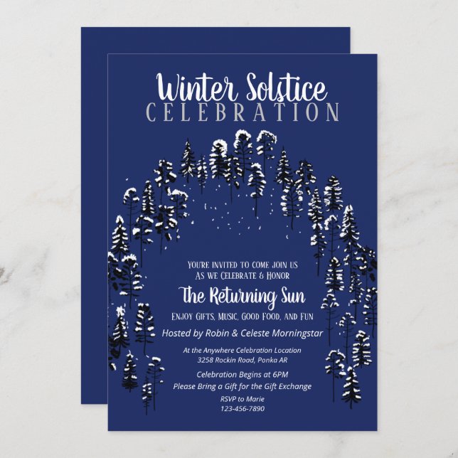 Dark Blue Winter Solstice Yule Snow Forest Party Invitation (Front/Back)
