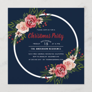 Dark Blue Winter Watercolor Floral Christmas Party Invitation