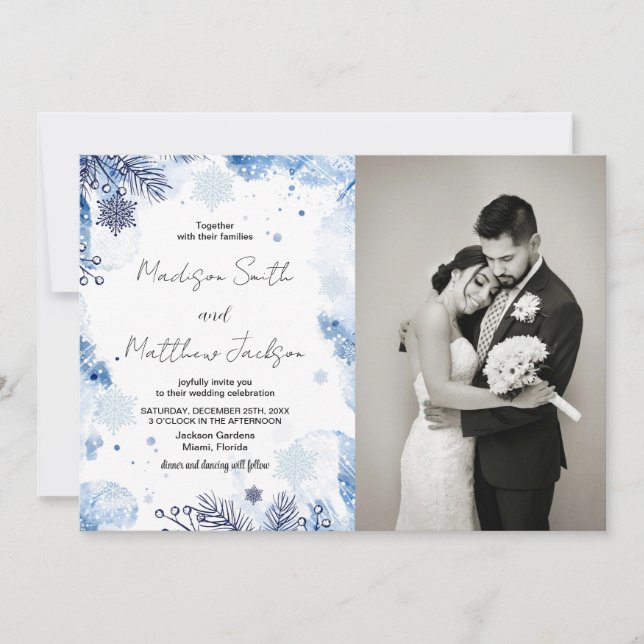 Dark Blue Winter Wedding Invitations with photo (Front)