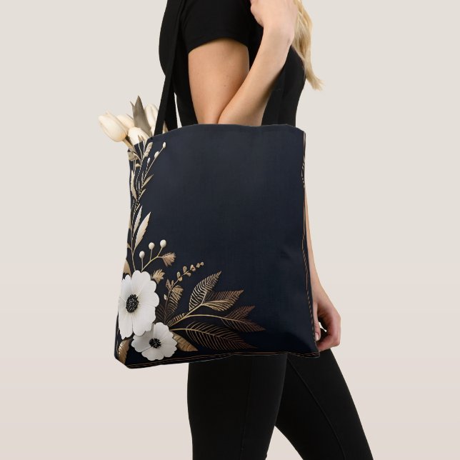 Dark Blue with Gold and White Flowers Tote Bag (Close Up)