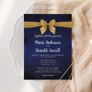 Dark Blue with Gold Bow Wedding Invitation
