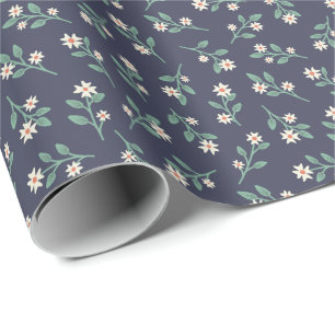 Dark Blue with White and Green Floral Pattern Wrap Wrapping Paper