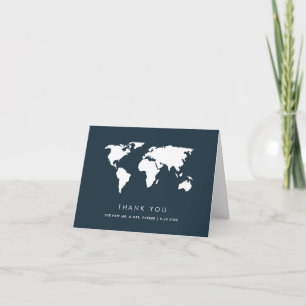 Dark Blue World Map Elegant Travel Theme Wedding Thank You Card