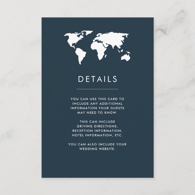 Dark Blue World Map Elegant Travel Wedding Details Enclosure Card (Front)