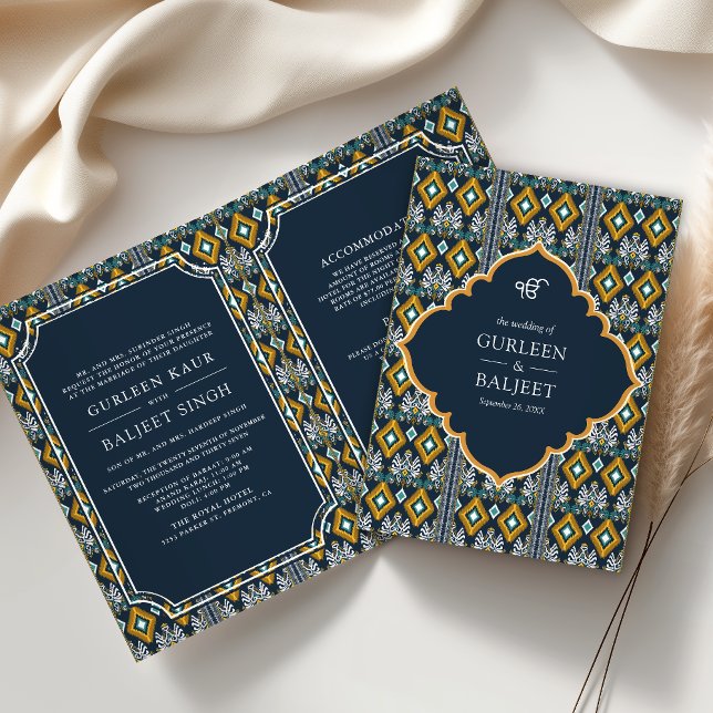 Dark Blue Yellow Ikat All in One Sikh Wedding Invitation (Creator Uploaded)