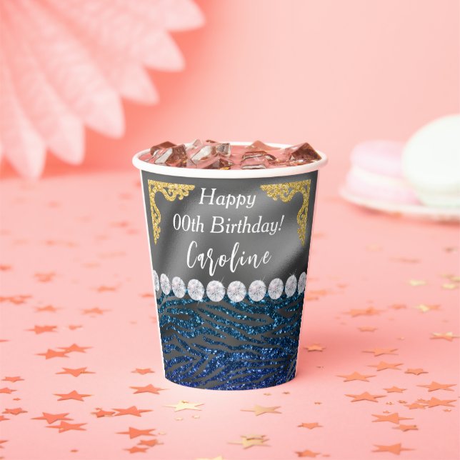 Dark Blue Zebra Print & Gold Silver Birthday Paper Cups (Insitu)
