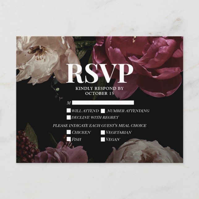 Dark Blush Burgundy Meal Choices Wedding RSVP Invitation Postcard (Front)