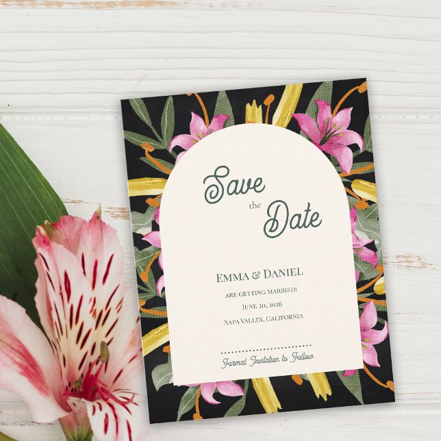 Dark Blush Pink Lily Arched Save the Date Announcement Postcard (Dark Blush Pink Lily Arched Save the Date | Botanical Floral Arch Evening Wedding Announcement)
