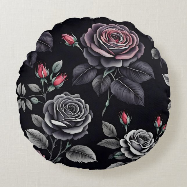Dark Blush Roses Floral Art design Round Cushion (Front)