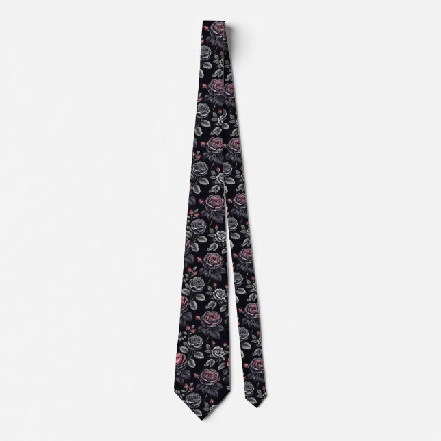 Dark Blush Roses Floral Art design Tie (Front)