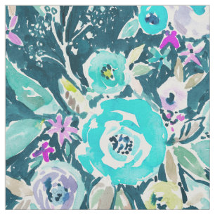 Dark Boho Blue Floral Watercolor Pattern Fabric