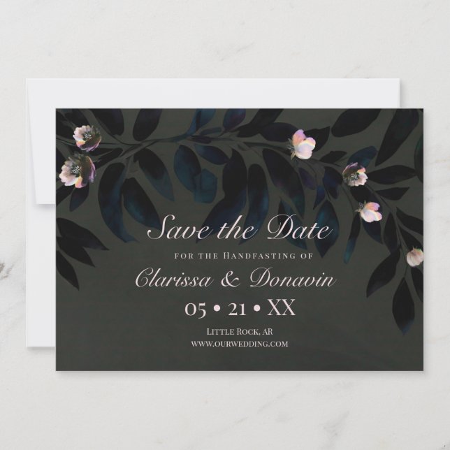 Dark Boho Floral Leaves Handfasting Save The Date (Front)