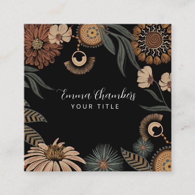 Dark Boho Floral Square Business Card (Front)