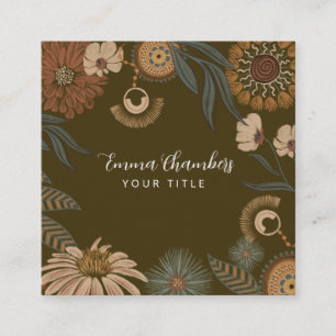 Dark Boho Floral Square Business Card