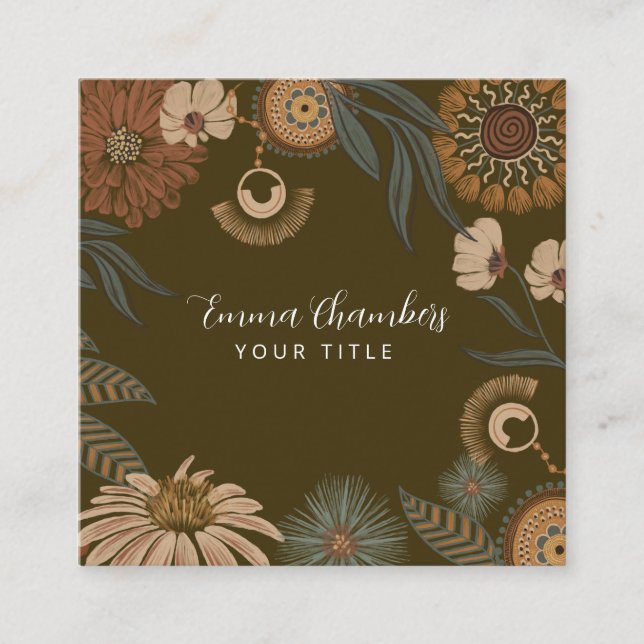 Dark Boho Floral Square Business Card (Front)
