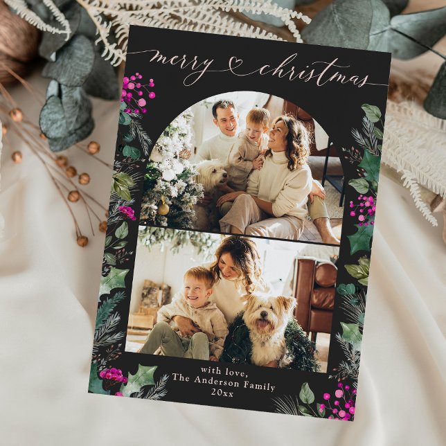 Dark Boho Fuchsia Botanicals 2 Photo Christmas Holiday Card (Creator Uploaded)