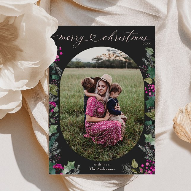 Dark Boho Greenery Foliage Photo Christmas Card (Creator Uploaded)