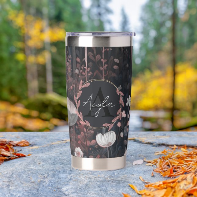 Dark boho Monogram: Whimsical Forest Wildflowers Insulated Tumbler (Outdoor)