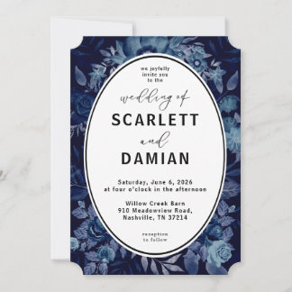Dark Boho Moody Blue Floral Wedding Invitation