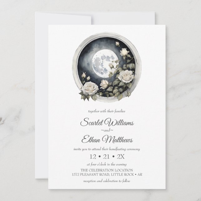 Dark Boho Moon Door Garden White Rose Handfasting Invitation (Front)