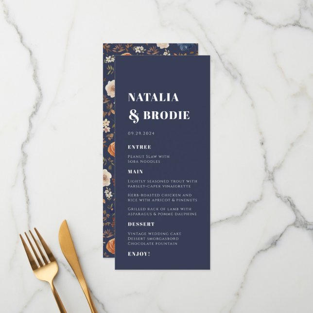 Dark Boho Navy Terracotta Wedding Menu (Front/Back In Situ)