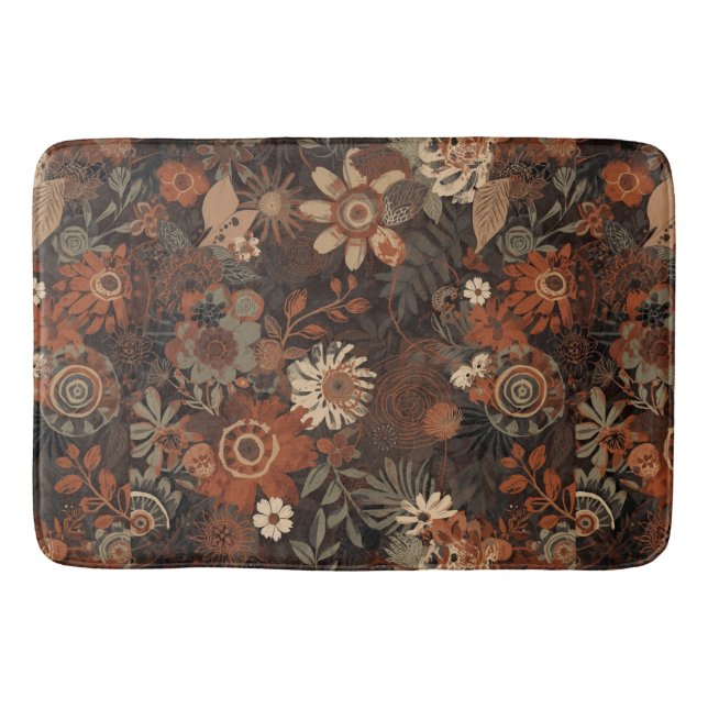Dark Boho Terracotta Sage Botanical Pattern  Bath Mat (Front)