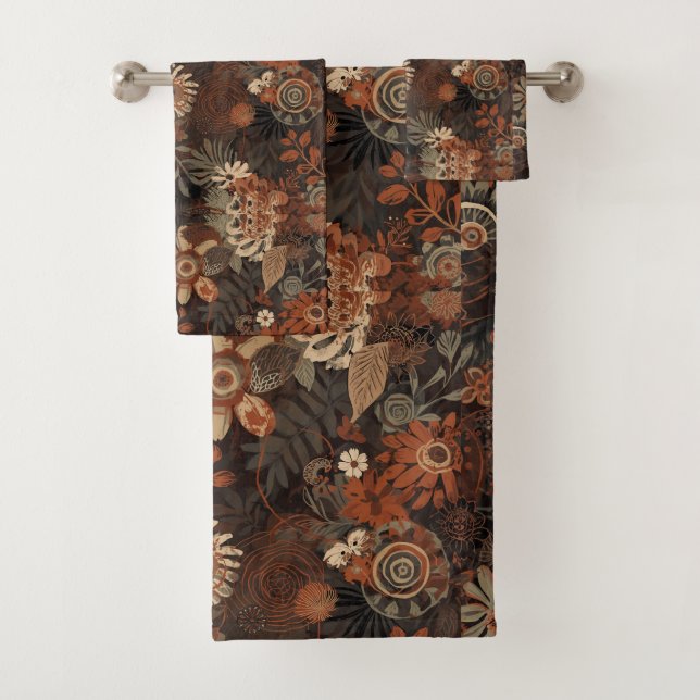 Dark Boho Terracotta Sage Botanical Pattern  Bath Towel Set (Insitu)