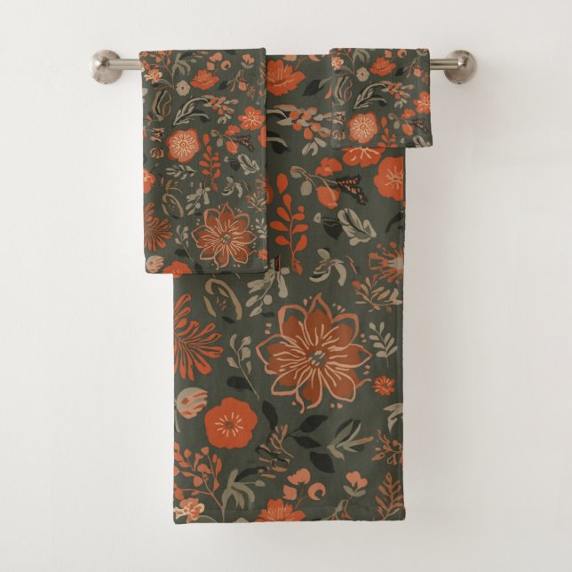 Dark Boho Terracotta Sage Botanical Pattern  Bath Towel Set (Insitu)