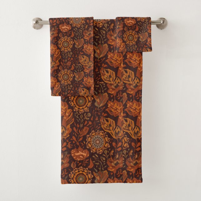 Dark Boho Terracotta Sage Botanical Pattern  Bath Towel Set (Insitu)