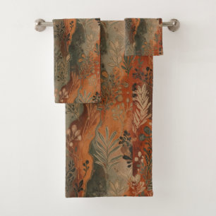 Dark Boho Terracotta Sage Botanical Pattern Bath Towel Set