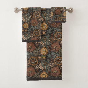 Dark Boho Terracotta Sage Botanical Pattern Bath Towel Set