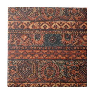 Dark Boho Terracotta Sage Botanical Pattern  Ceramic Tile