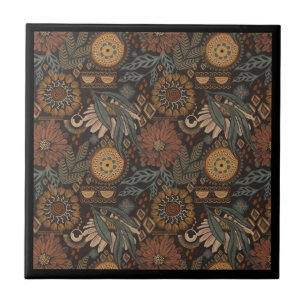 Dark Boho Terracotta Sage Botanical Pattern Ceramic Tile