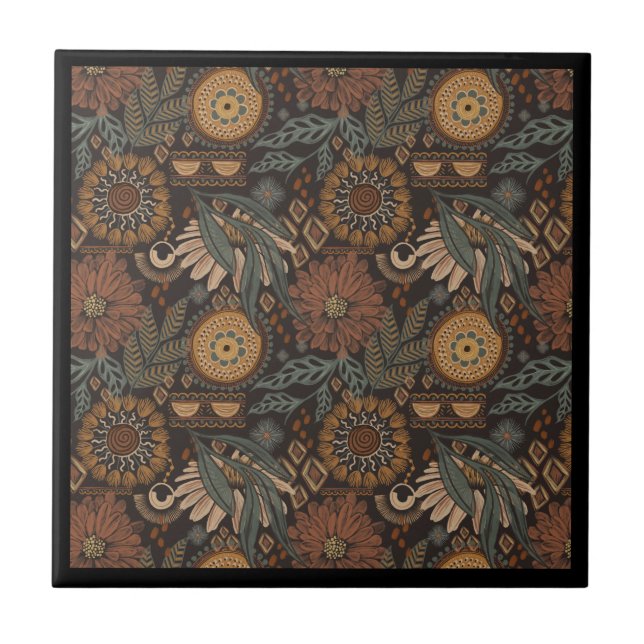 Dark Boho Terracotta Sage Botanical Pattern Ceramic Tile (Front)