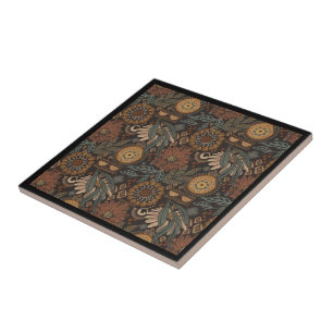 Dark Boho Terracotta Sage Botanical Pattern Ceramic Tile