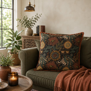 Dark Boho Terracotta Sage Botanical Pattern Cushion