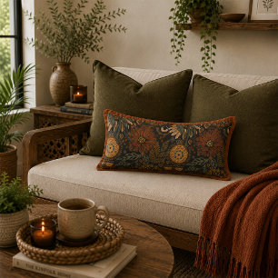 Dark Boho Terracotta Sage Botanical Pattern Lumbar Cushion